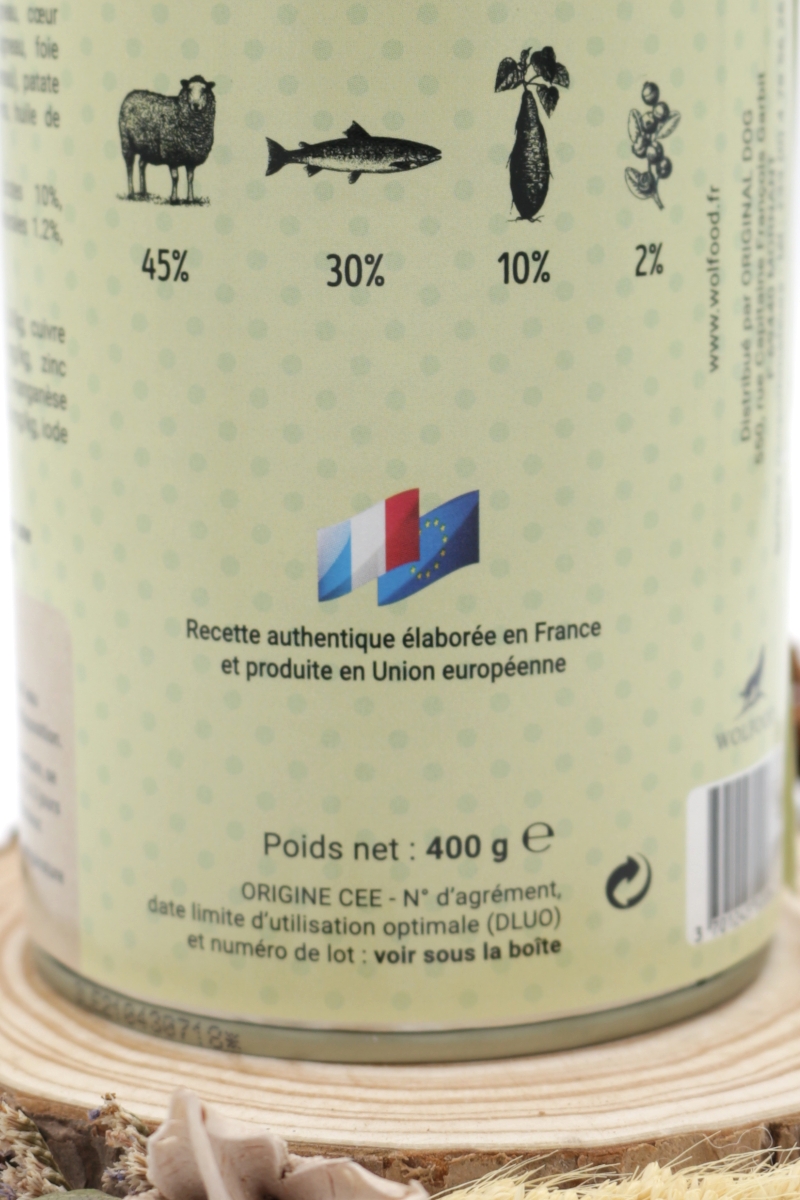 PÂTÉE POUR CHIEN SANS CÉRÉALES WOLFOOD - AGNEAU ET POISSONS – THE WOUF